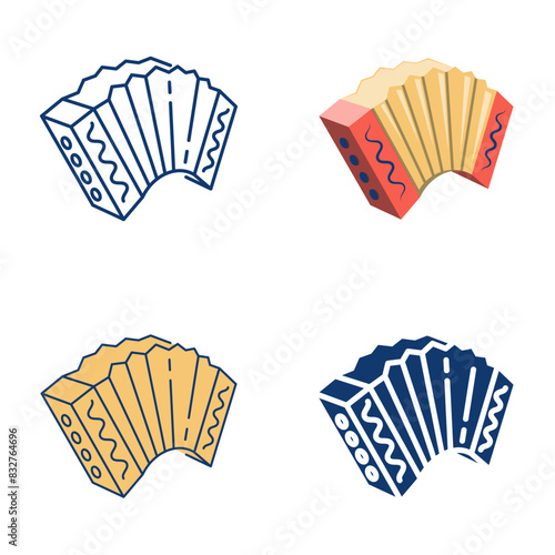 Accordion folk music instrument icon set in flat and line style. Traditional Russian bayan or harmonica symbol. Vector illustration. photo
