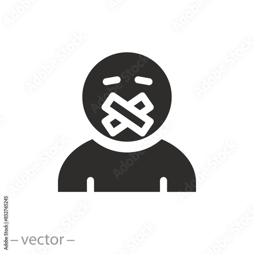 no freedom of speech icon, violence censorship, at person has tape on mouth, infringement right human to speak, flat symbol - vector illustration