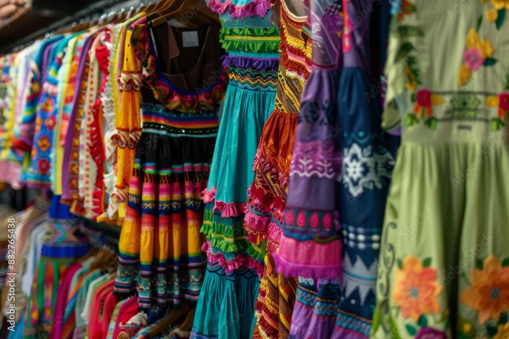 Experience the vibrancy and richness of traditional Hispanic clothing in this captivating display.