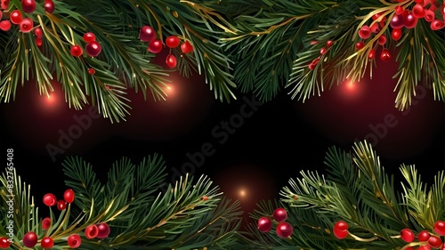 Isolated on a translucent background is a border featuring gold lights, red berries, and green fir trees. Christmas evergreens and pine trees seamless banner. Christmas tree garland decoration in vect
