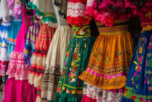 Experience the vibrant beauty of traditional Hispanic clothing in this captivating display. © Jennie Pavl