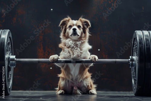 A strong dog showing off its impressive physique while lifting a barbell with determination and strength.