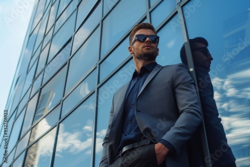 A fashionable man in a tailored suit, exudes confidence as he leans against a sleek, modern building with reflective glass windows. © Jennie Pavl