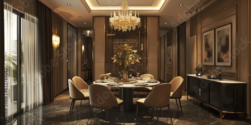 Chic dining area design in an apartment with a round table, chandelier, and elegant decor photo