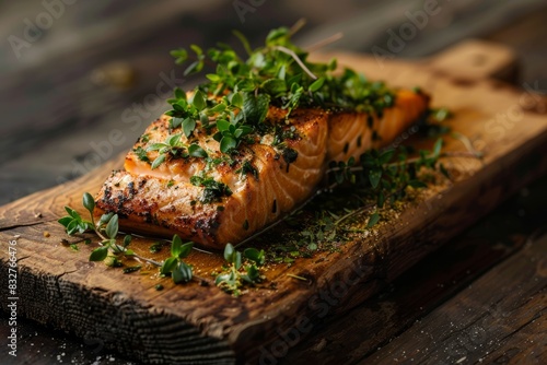 A close-up view of a sous vide cooked salmon fillet garnished with fresh herbs on a wooden cutting board photo