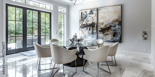 Contemporary dining room with a glass table  modern chairs  and abstract art