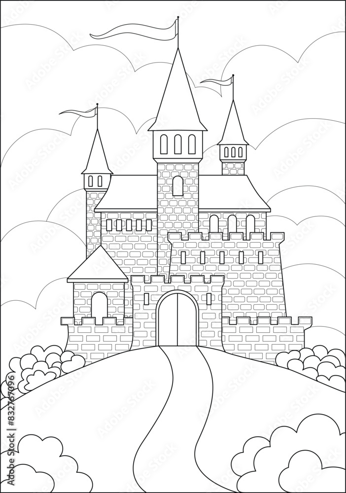 Medieval castle, fortress on a hill against a background of clouds - vector linear picture for coloring. Outline. Fantasy Castle with towers, fortress walls and loopholes and windows for a coloring bo