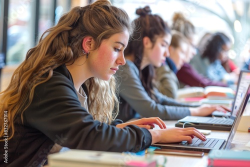 A group of young women sitting at a table, focused on using laptop computers