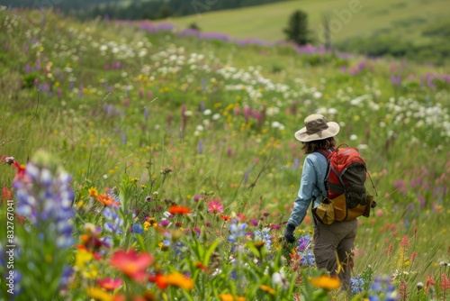 A man with a backpack walks through a field of wildflowers, surrounded by vibrant colors and natural beauty