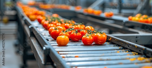 Fototapeta Naklejka Na Ścianę i Meble -  Ripe tomatoes on conveyor in produce processing facility, fresh fruits sorting and packaging