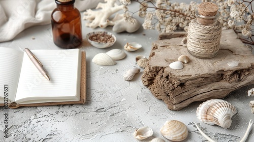 A rusticinspired desk setup with a driftwood desk organizer a recycled notebook and a refillable ink pen all surrounded by natural elements like rocks and seashells. photo