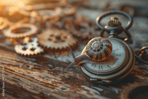 Snail crawling on a vintage pocket watch surrounded by gears on a wooden surface, symbolizing the slow passage of time amidst machinery.