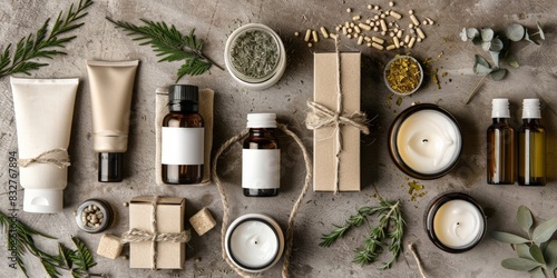 Natural skincare kit laid out on a rustic background, featuring eco-friendly packaging and organic products including oils, creams, and herbal extracts for a green beauty routine