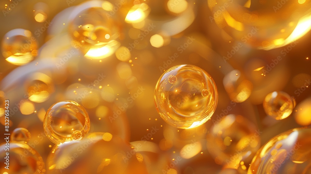 golden yellow bubbles oil collagen serum molecule cosmetic product 3d