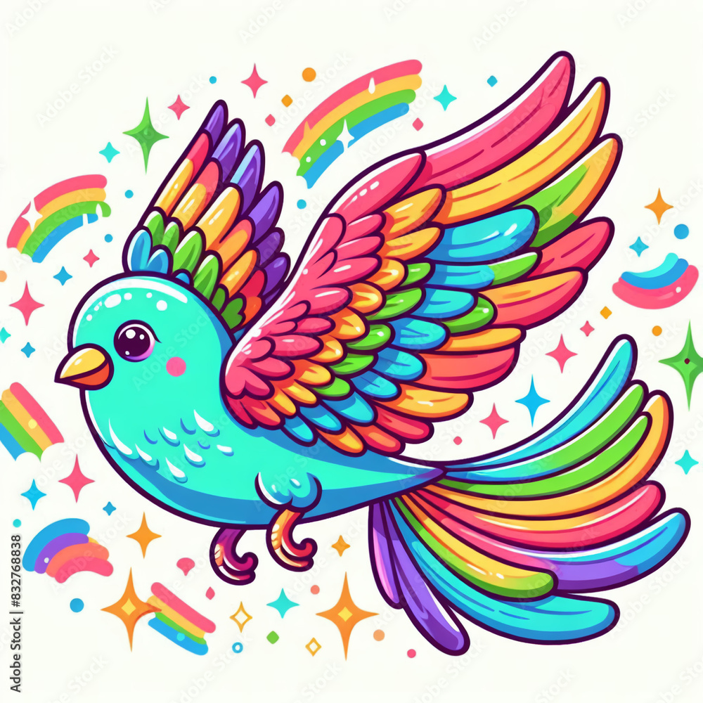 Obraz premium A simple illustration of a bird with rainbow wings.