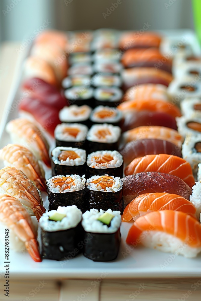 Assorted sushi platter featuring salmon, tuna, and avocado for a delicious variety of flavors Assorted sushi platter featuring salmon, tuna, and avocado for a delicious variety of flavors
