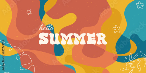 Hello summer overlay textured background with outline floral elements. Abstract bright liquid design for poster  banner  cover  sale  invitation. Vector Illustration