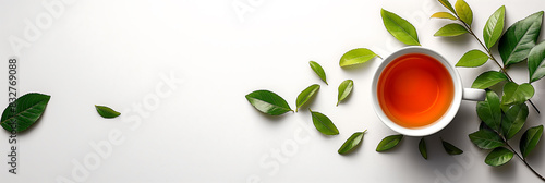 background of a cup of tea in a zenithal shot, with leaves scattered on a white table