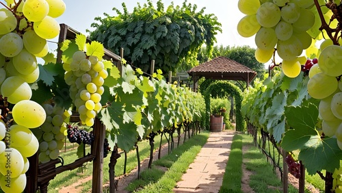 Sunlit Vineyard with Green and Red Grapes