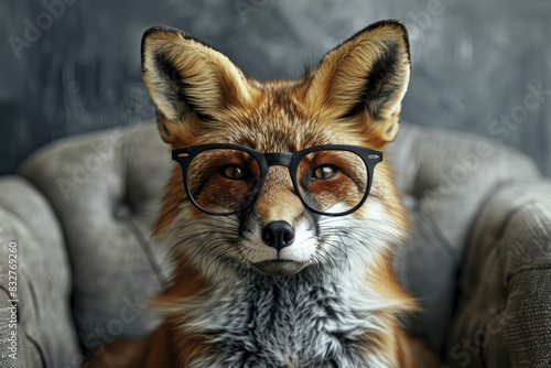 A fox-headed marketer devises clever tactics to outwit rivals, in a creative studio with a keen eye on the cunning fox's expression, minimalist design. photo