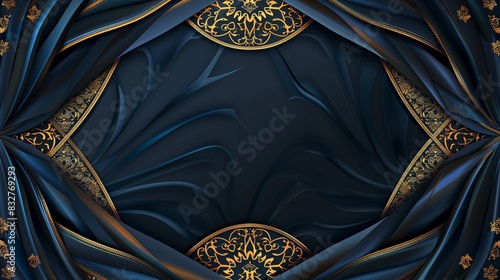 A black and gold curtain with a gold border