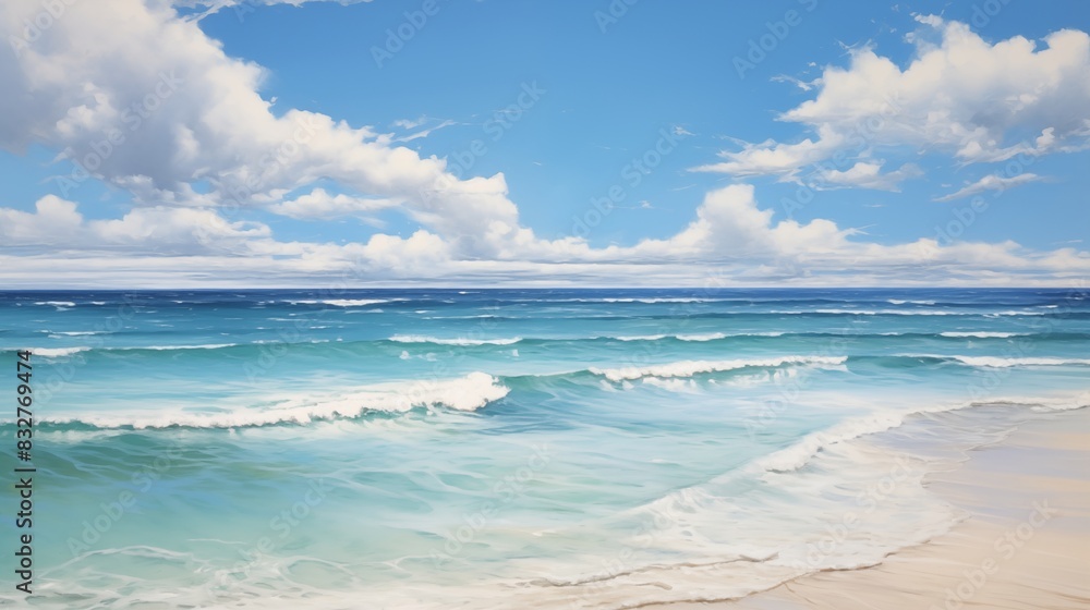 Obraz premium Scenic View of a Tranquil Beach with Vibrant Blue Ocean and Clear Sky