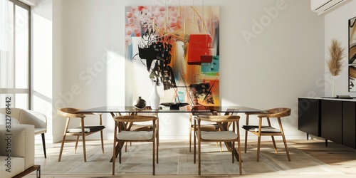 Modern dining room with a glass table  modern chairs  and abstract art
