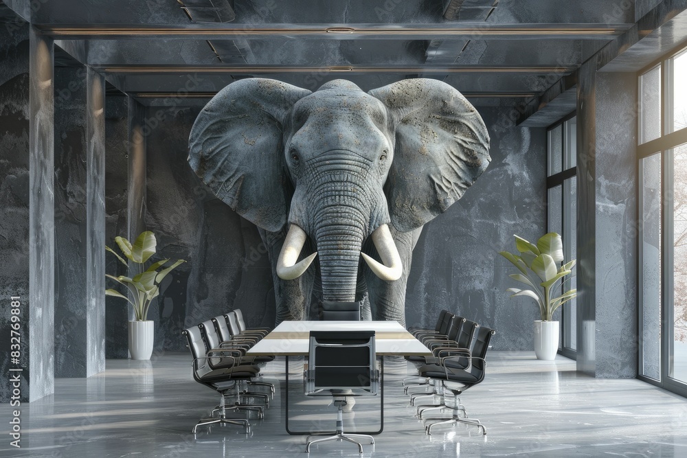 Fototapeta premium An elephant-headed mediator facilitates peaceful resolutions with wisdom and diplomacy, fostering a serene atmosphere in the mediation room through calm discussions and minimalistic style.