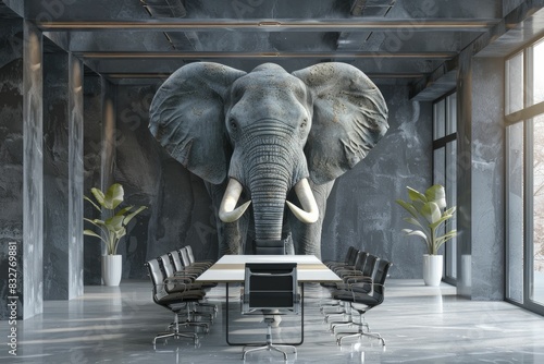 An elephant-headed mediator facilitates peaceful resolutions with wisdom and diplomacy, fostering a serene atmosphere in the mediation room through calm discussions and minimalistic style.