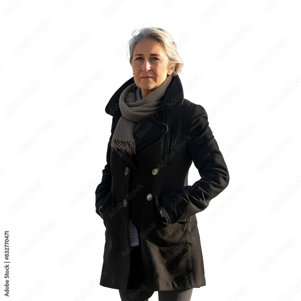 Poised elderly lady in a stylish coat and scarf poses on a checkered backdrop Poised elderly lady in a stylish coat and scarf poses on a checkered backdrop