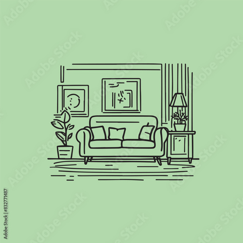  Living room interior design. Comfy Couch or sofa with lamp shade & indoor plants Vector illustration