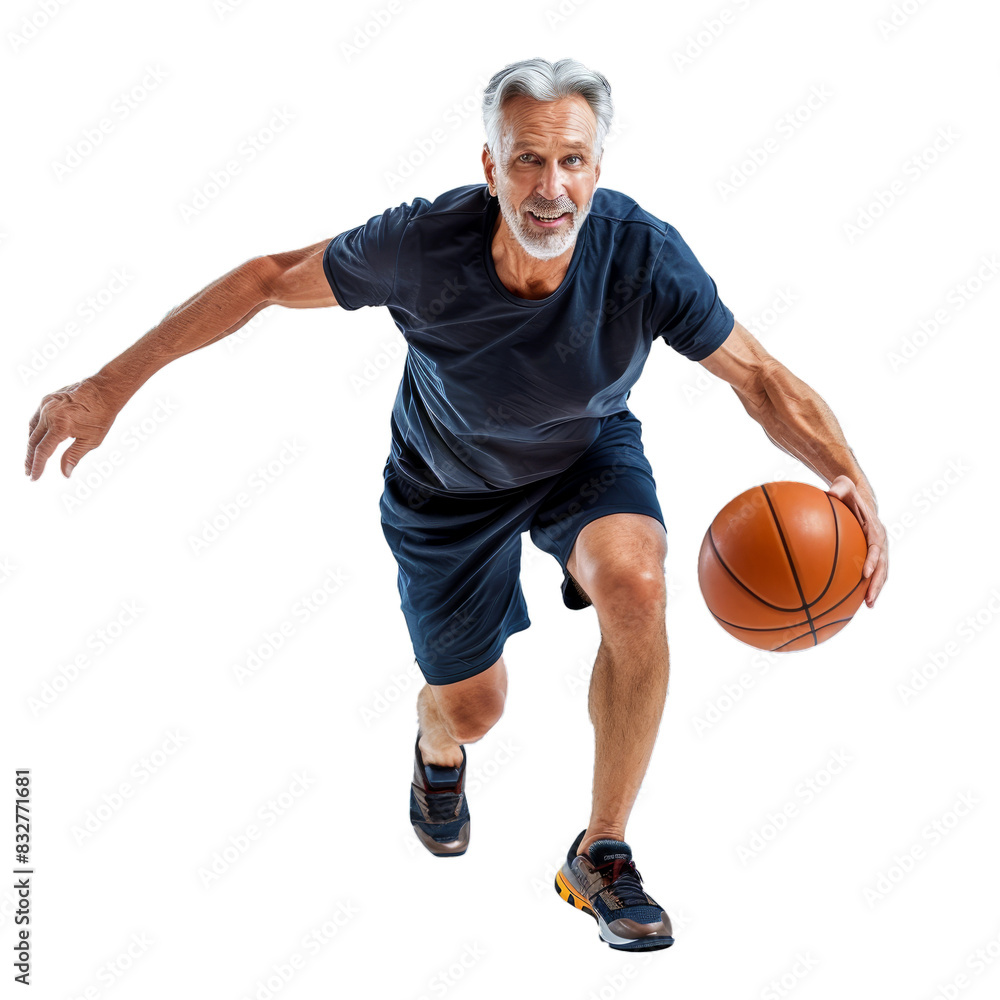 Fit elderly male in sportswear dribbling a basketball, isolated on a clear background Fit elderly male in sportswear dribbling a basketball, isolated on a clear background