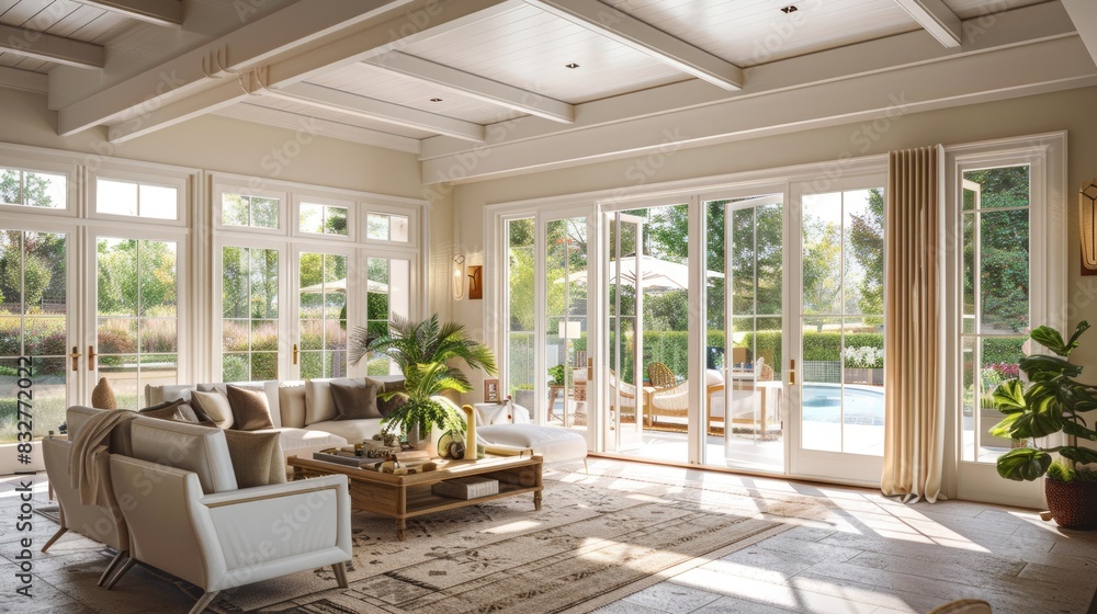 Luxury Home Family. Sunny Living Room Showcase with Open Patio Doors and Modern Architecture Luxury Home Family. Sunny Living Room Showcase with Open Patio Doors and Modern Architecture