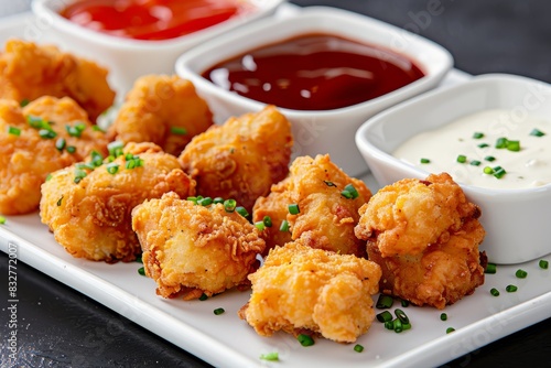 A white plate topped with golden crispy tater tots accompanied by a variety of dipping sauces