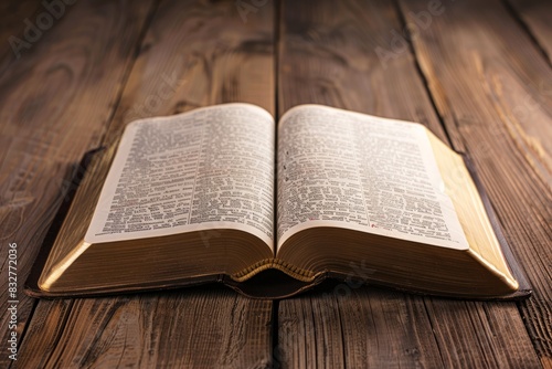 A medium shot of an open book, like the Bible, placed on a wooden table