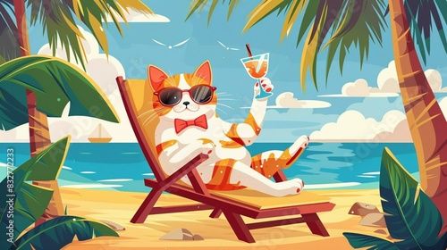 Summer illustration with a fat spotted cat in a chaise longue on the beach. He's wearing a bow tie and sunglasses. He holds a cocktail glass in one paw. There are palm trees and the sea ar