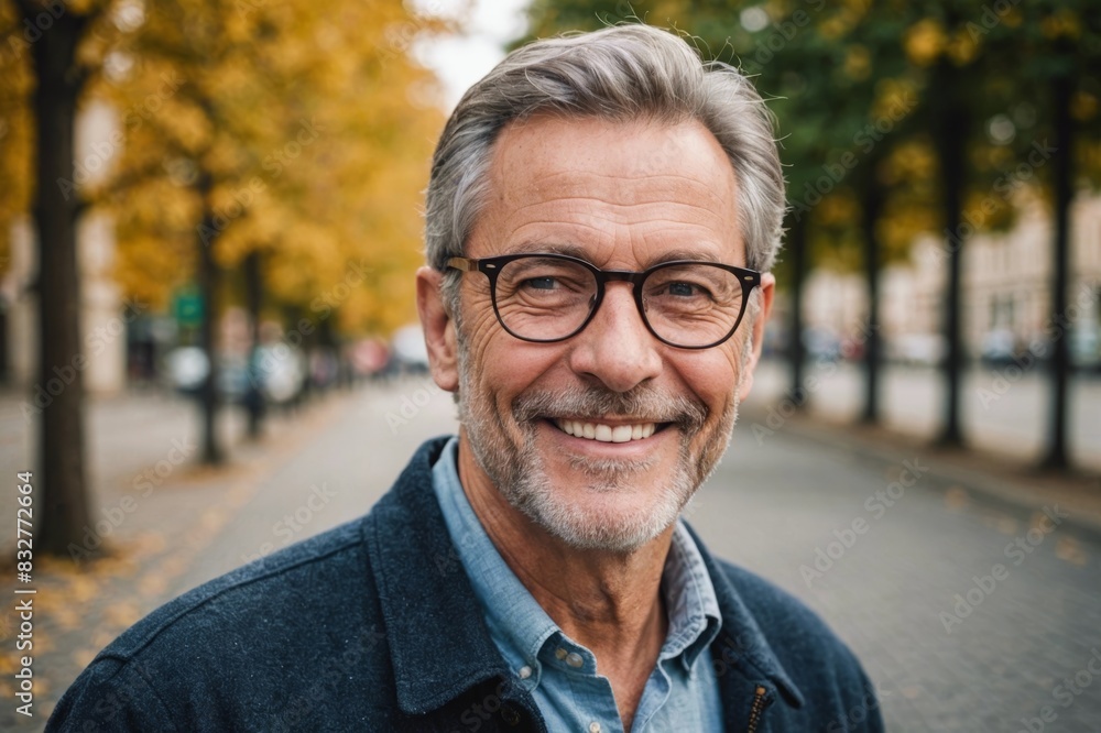 Close Portrait of happy mature man wearing spectacles and looking at camera outdoor. Close Portrait of happy mature man wearing spectacles and looking at camera outdoor.
