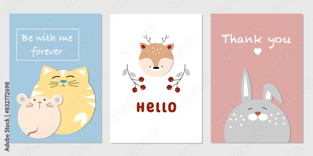 Vector set of cute greeting card with animals hads Vector set of cute greeting card with animals hads