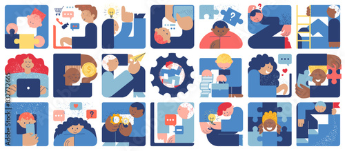 Business strategy illustration set. Strategy, planning, financial, success and business jigsaw puzzle concept. Modern flat style sketch vector illustration.