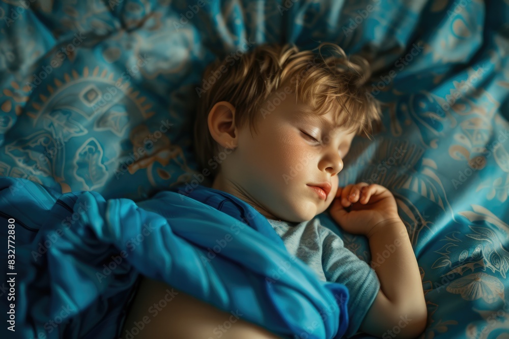 Sleeping Boy. Adorable Little Boy Asleep in Blue Bed with Carefree Expression Sleeping Boy. Adorable Little Boy Asleep in Blue Bed with Carefree Expression