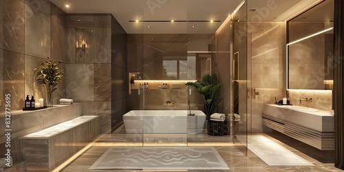 Luxurious master bathroom design in an apartment with a spalike shower, soaking tub, and elegant decor