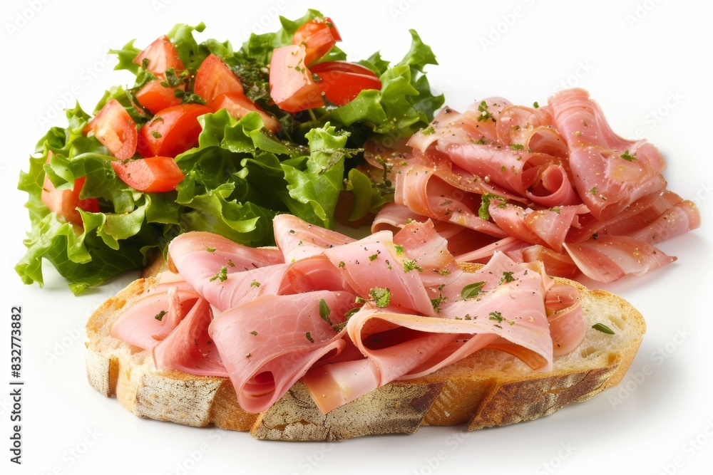 Turkey ham bruschetta on avocado slices atop white background for elegant presentation