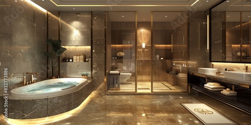 Luxurious master bathroom design in an apartment with a spalike shower, soaking tub, and elegant decor