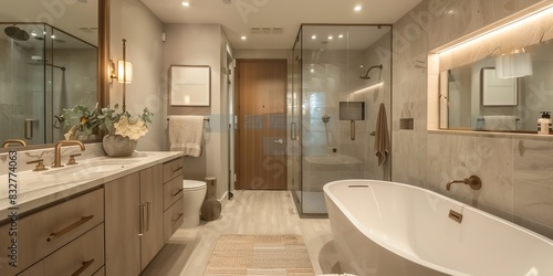 Luxurious master bathroom design in an apartment with a spalike shower, soaking tub, and elegant decor