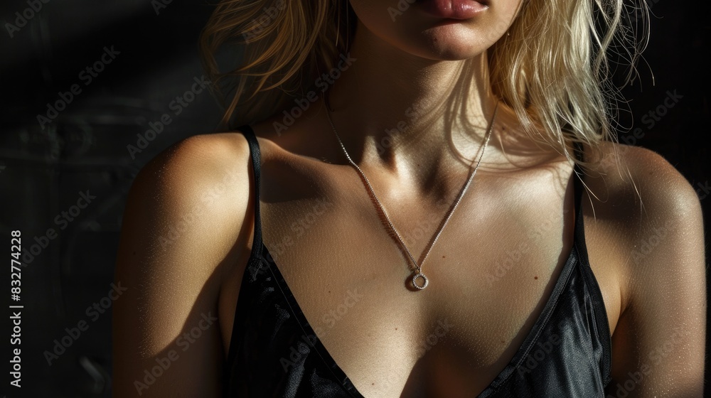 Naklejka premium Woman Necklace. Attractive Blond in Black Silk Tank Top with Chest Jewelry under Sunlight