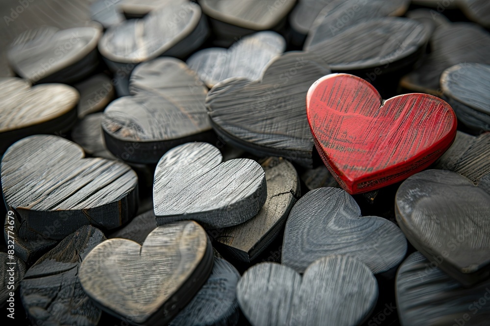 Obraz premium Romantic and round image. Wooden hearts, some of which are painted red.