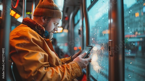 Man using a smartphone to navigate public transport, optimizing travel efficiency photo