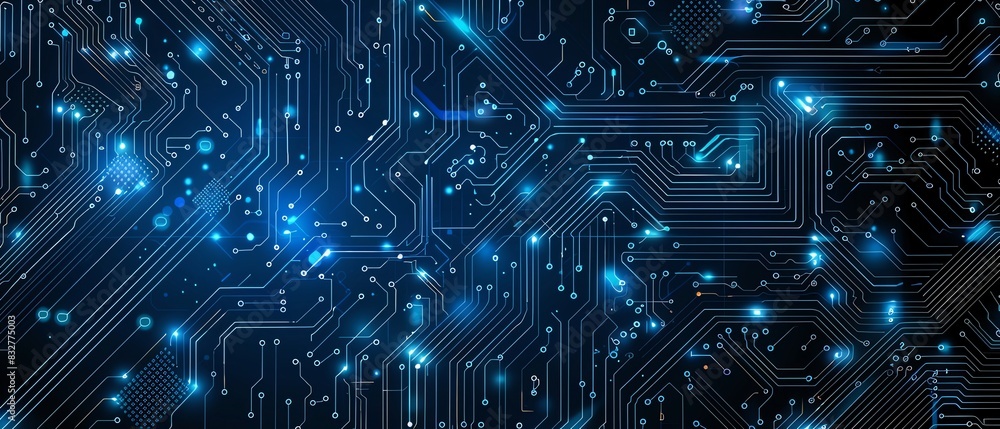 Fototapeta premium The image is a circuit board with blue glowing lights. The background is black.