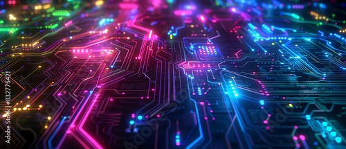 The image is a circuit board with electricity flowing through it. The colors are bright and vibrant  and the image has a futuristic feel to it.