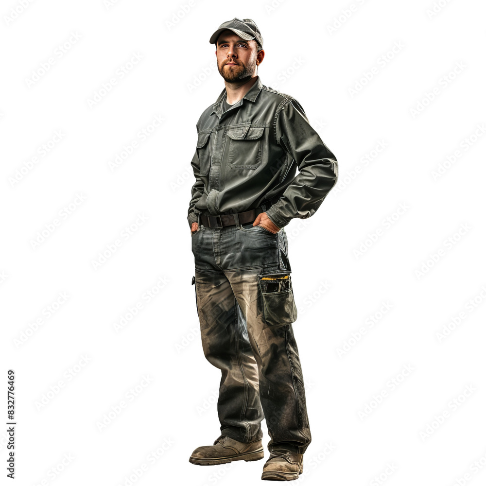 Male worker wearing grey work clothes stands with hands on hips, isolated on a transparent background Male worker wearing grey work clothes stands with hands on hips, isolated on a transparent background